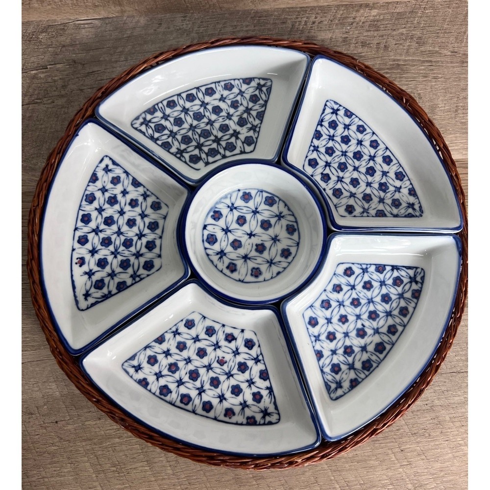 Summer/party Floral Hand painted Ceramic Serving Tray W/ Woven Basket Holder